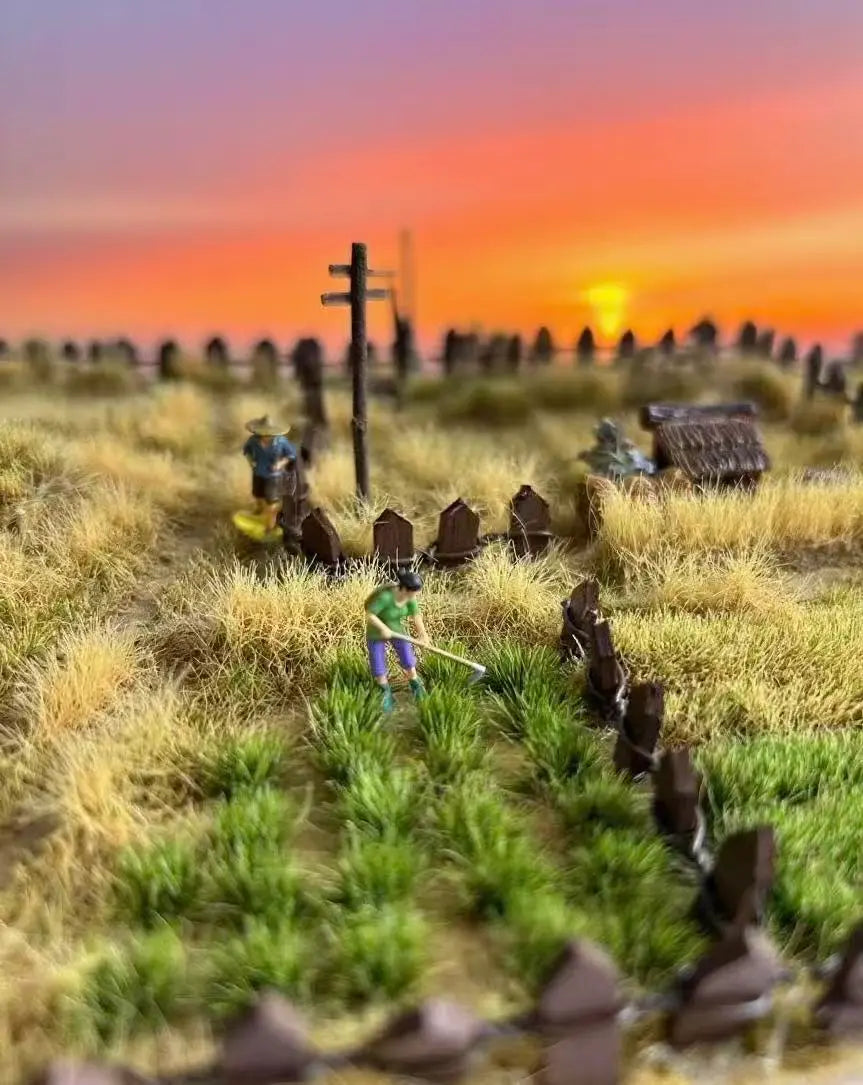 Rural farm miniature diorama scene with mixed dry & green static grass tufts, farmer figurines and wooden fence, marked with size measurements for terrain craft reference