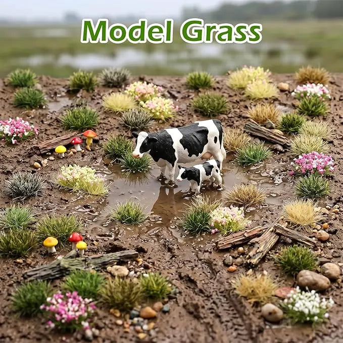 Birch woodland miniature scenery with assorted static grass tufts, colorful flower bushes, mini shepherd figure, stream pond terrain, wargame woodland base, fairy garden model making supplies