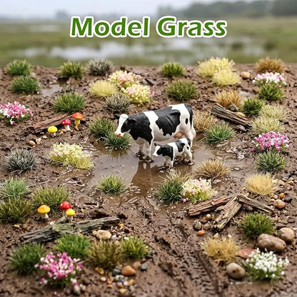 Birch woodland miniature scenery with assorted static grass tufts, colorful flower bushes, mini shepherd figure, stream pond terrain, wargame woodland base, fairy garden model making supplies