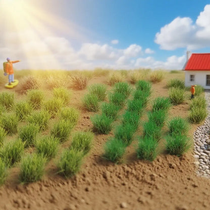 Autumn farmland wasteland scale model diorama scene with mixed dry wheat and fresh green round static grass tufts, tiny farmer figurines and country cottage, static foliage clumps for tabletop wargame field terrain