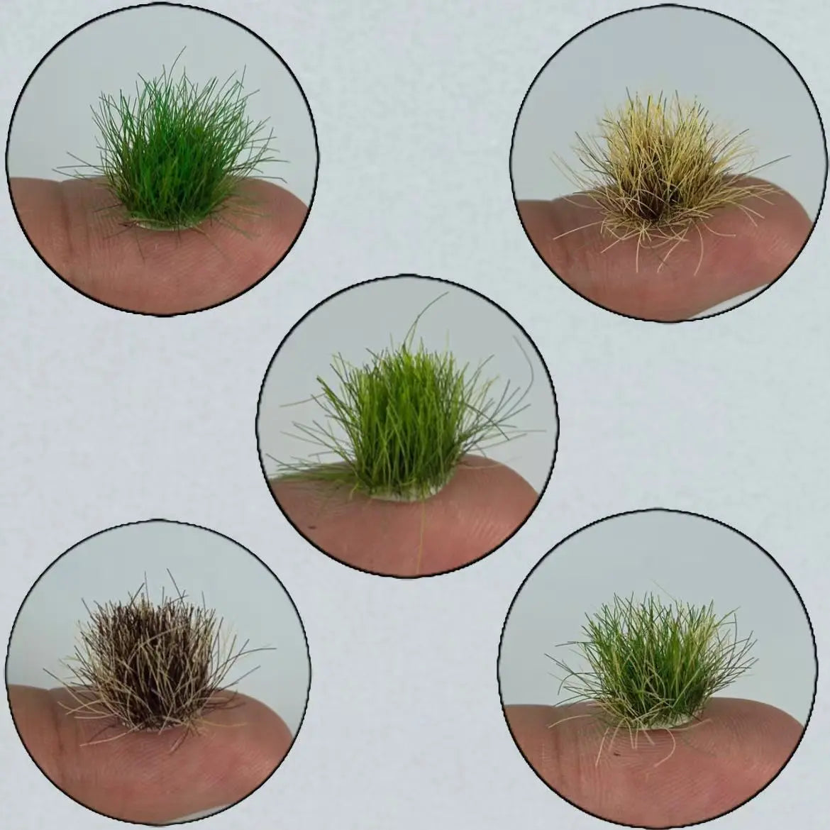 5 shade miniature static grass tufts displayed on fingertip for size comparison, deep green, light green, yellow dry grass, brown withered grass, mixed tone self-adhesive wild grass clusters, scale reference product photo for diorama terrain supplies