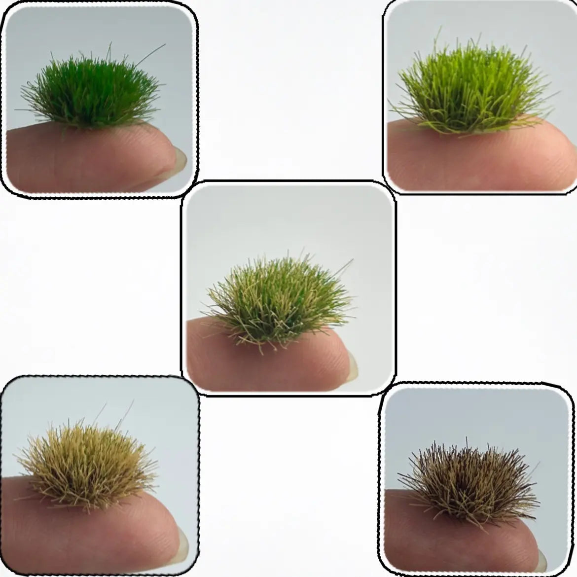 Five seasonal tone tiny static grass tuft swatch comparison (deep summer green, light spring green, autumn olive green, autumn yellow, winter brown), miniature scenery color reference for custom railway, farm and wargame diorama terrain making
