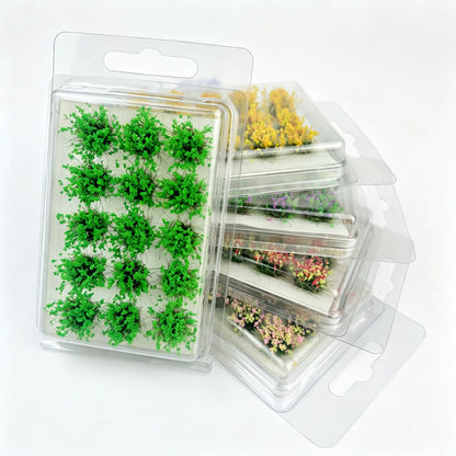 Multi-color flower static grass tufts scenery kit, self-adhesive miniature grass clusters in assorted bright floral shades, packaged plastic blister set for dollhouse, train layout, wargame and scale model diorama landscaping, realistic tiny vegetation terrain material for hobby craft making