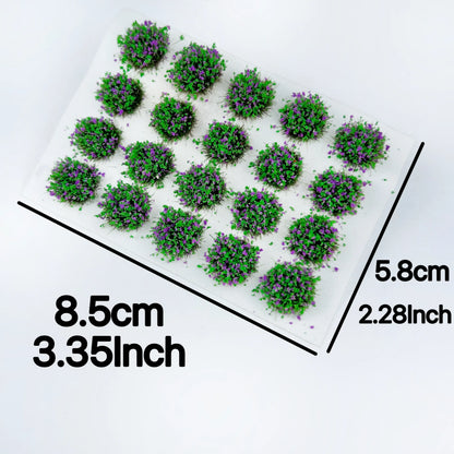 Dimension reference chart for floral self-adhesive round static grass tuft sheet, measured 8.5cm x 5.8cm (3.35in x 2.28in), multi flower color miniature grass clump size display for scale model wargame hobby crafters
