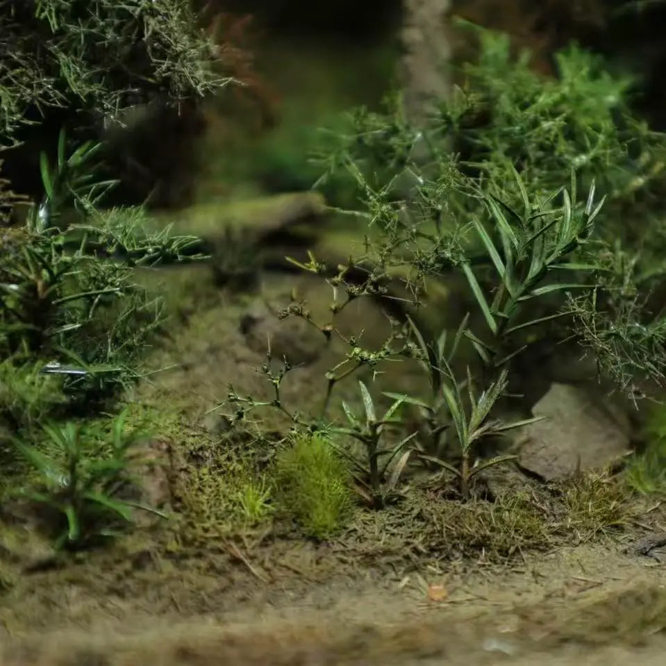 Close-up shot of woodland miniature terrain, 8mm oval static grass tufts matched with miniature shrubs, realistic wild ground texture for scale model diorama craft and wargame scenery