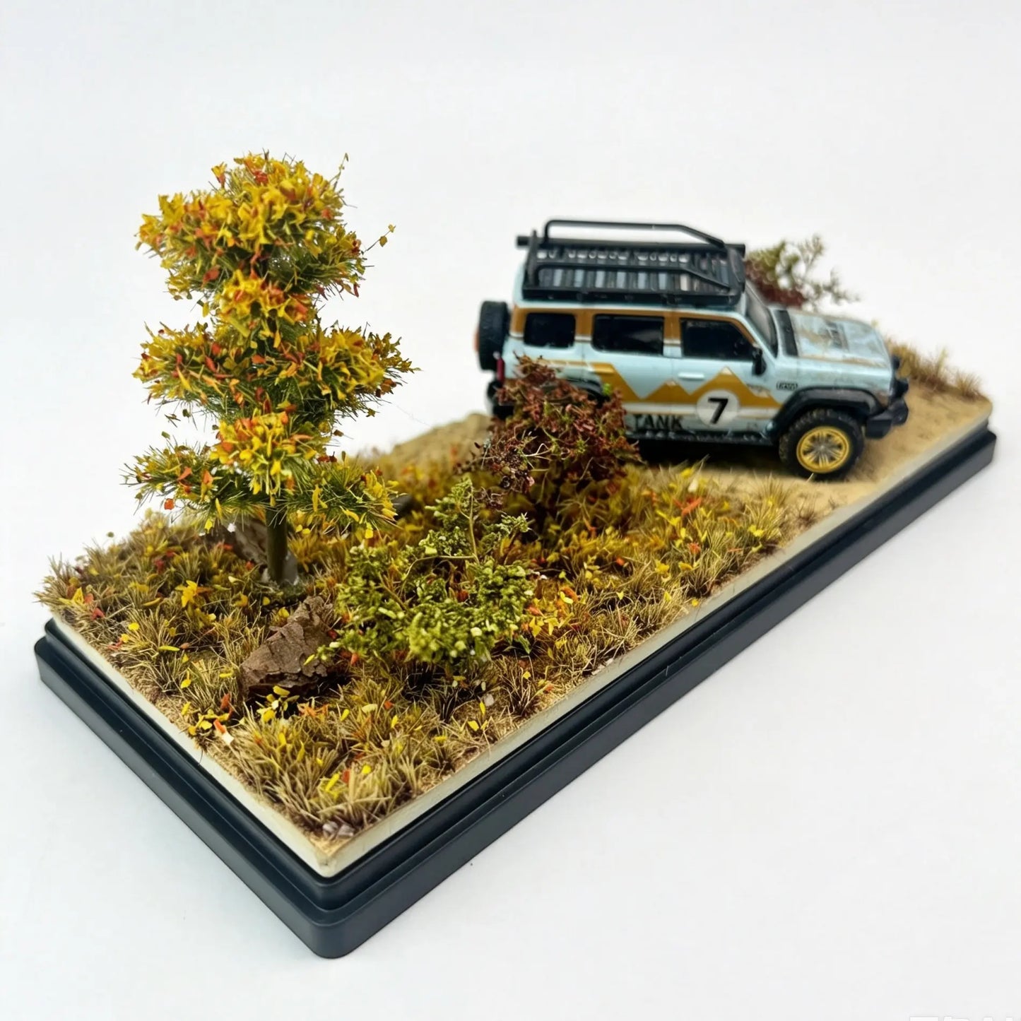 Close side shot of spring green diorama terrain, multi-height static grass, simulated rock and leafy miniature trees for car model hobby