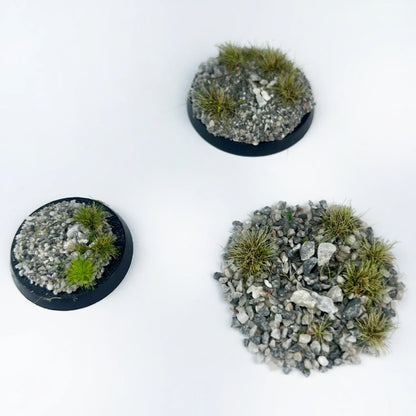Triple round stone gravel static grass tuft flat sheet, uneven rocky mini grass clusters for forest trail miniature scene, wargaming terrain and model railway base materials