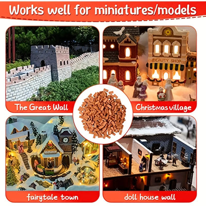 Flat lay display of miniature red model bricks, showing loose pile and neatly stacked rows for diorama wall building