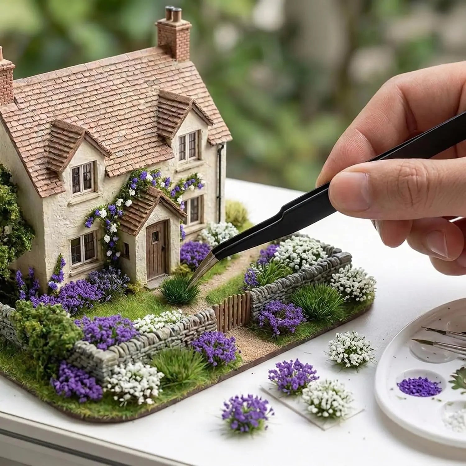 Product size chart of miniature grass tufts and flower tufts, 5mm height mixed color static flock clumps for hobby terrain making, assorted green grass and purple white flower packs