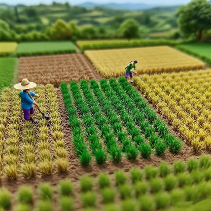 Large scale rural terrace farm diorama layout with multi-color seasonal tuft grass sheets, realistic countryside valley terrain for farming miniature figure scene creation
