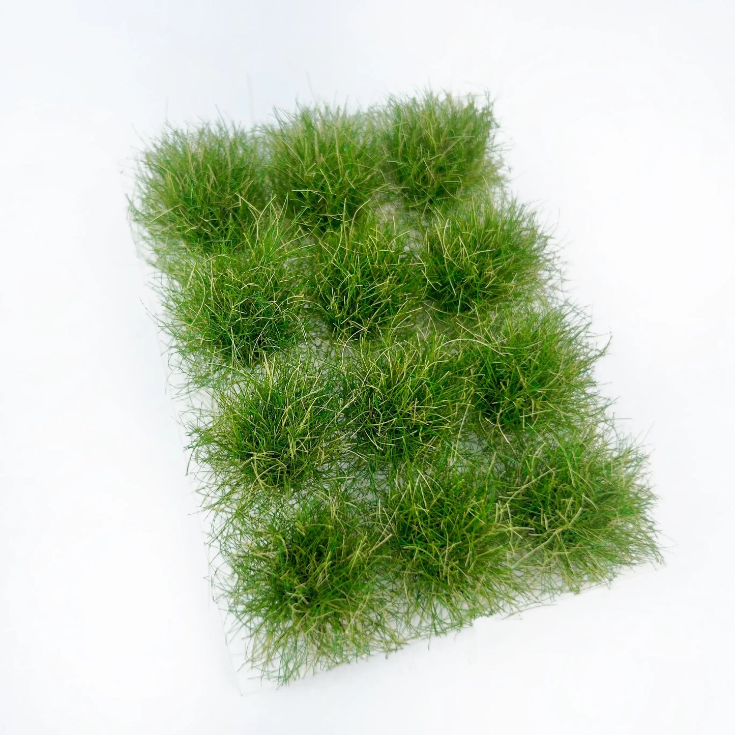 Self-adhesive mixed light green miniature grass tuft mat with pale straw filaments, printed with full size measurements for natural countryside diorama terrain craft reference