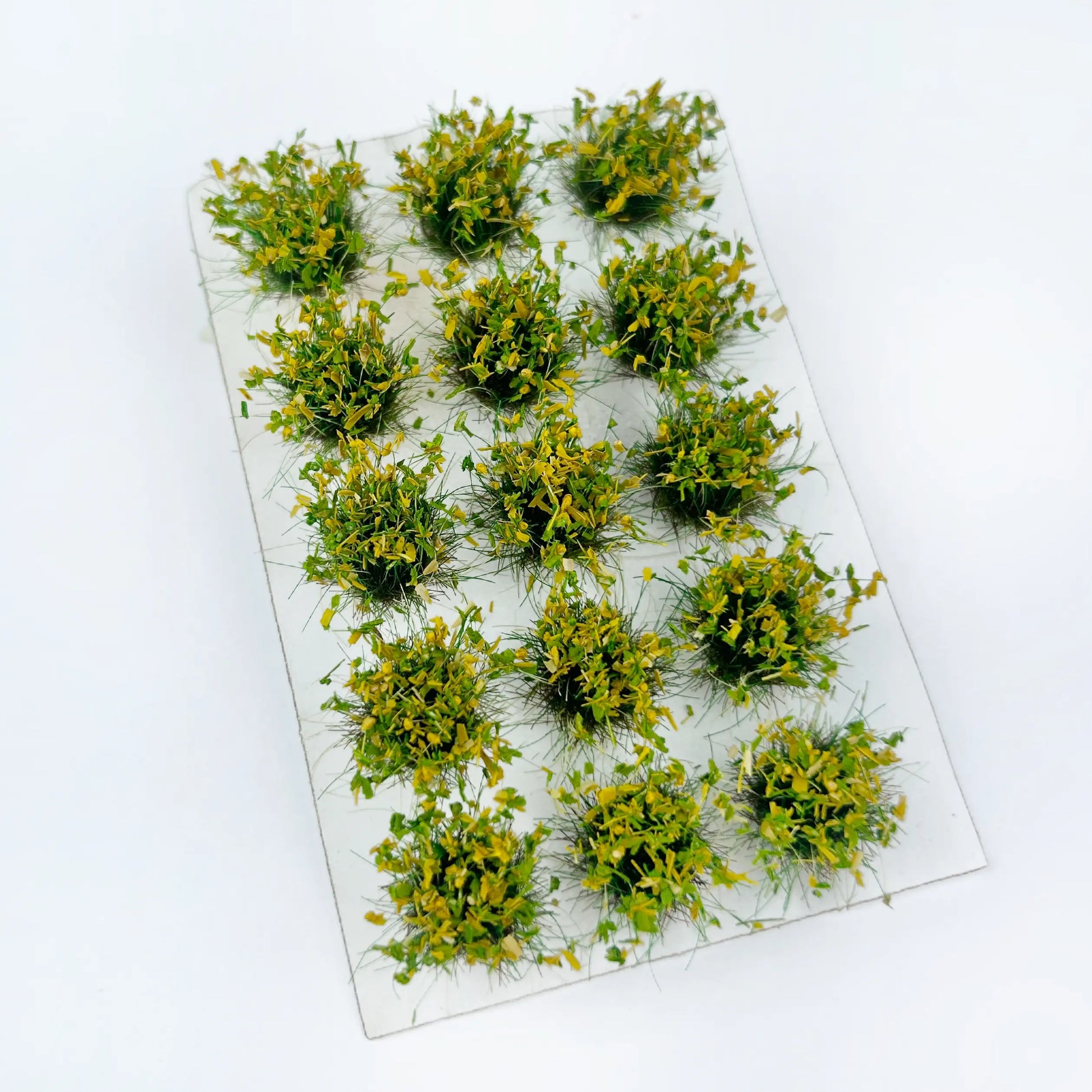 Fresh spring pale yellow green static grass tuft sheet, realistic mini grass clumps for rural miniature scene, tabletop wargame base and scale model landscaping supplies