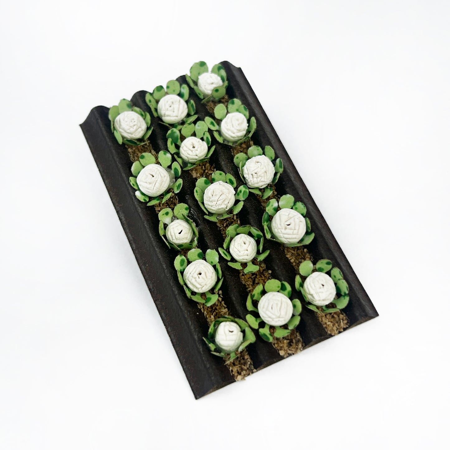 15 miniature cabbage clusters on pre-made tray, micro farm crop scenery for model railway, warhammer diorama and farmer figure layout