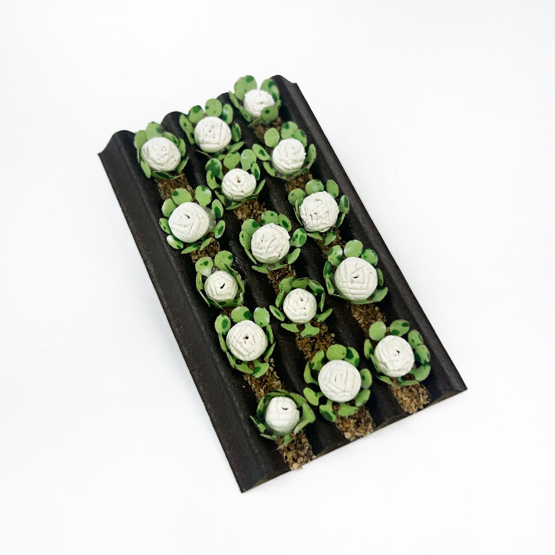15 miniature cabbage clusters on pre-made tray, micro farm crop scenery for model railway, warhammer diorama and farmer figure layout
