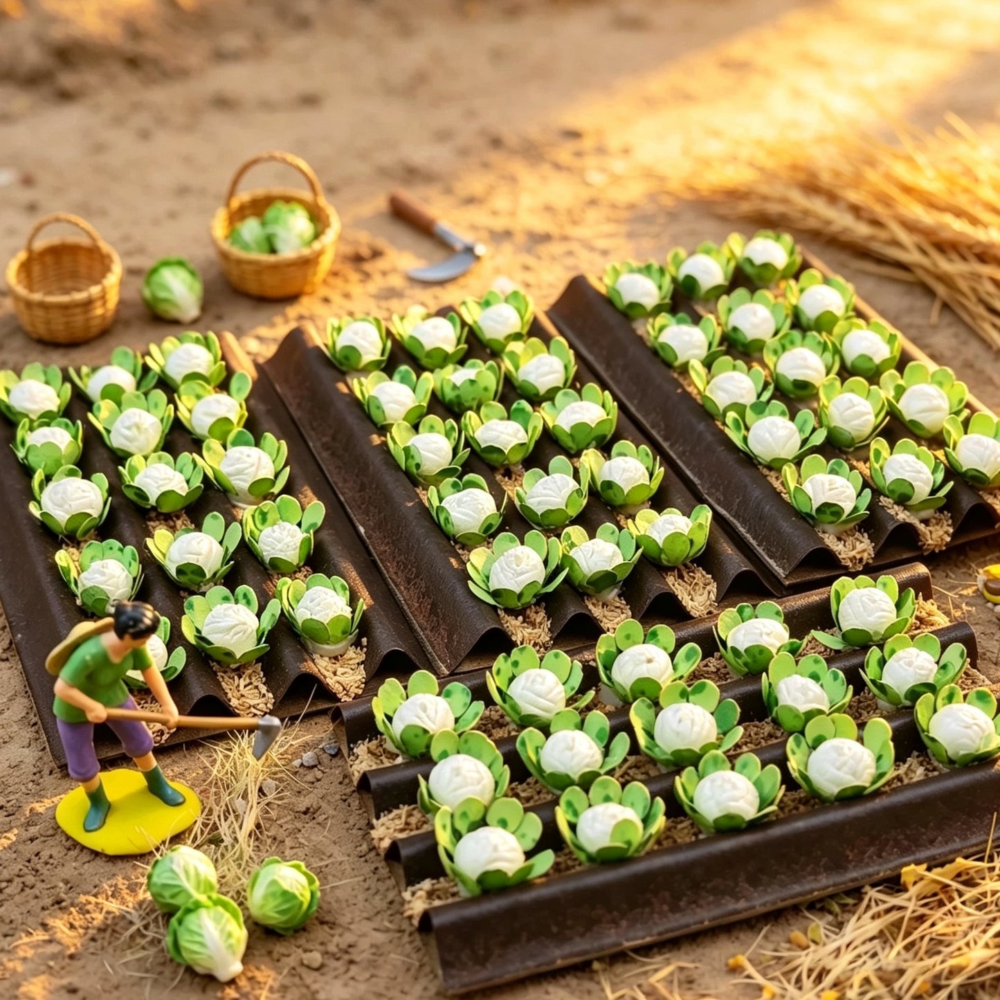 Mini farm layout with farmer figure and rows of miniature cabbage trays, countryside railway diorama landscape decoration