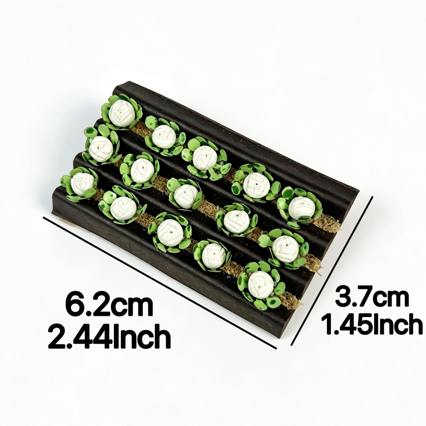 Handmade miniature cabbage crop tray with soil texture base for rural farm diorama and tabletop wargame scenery