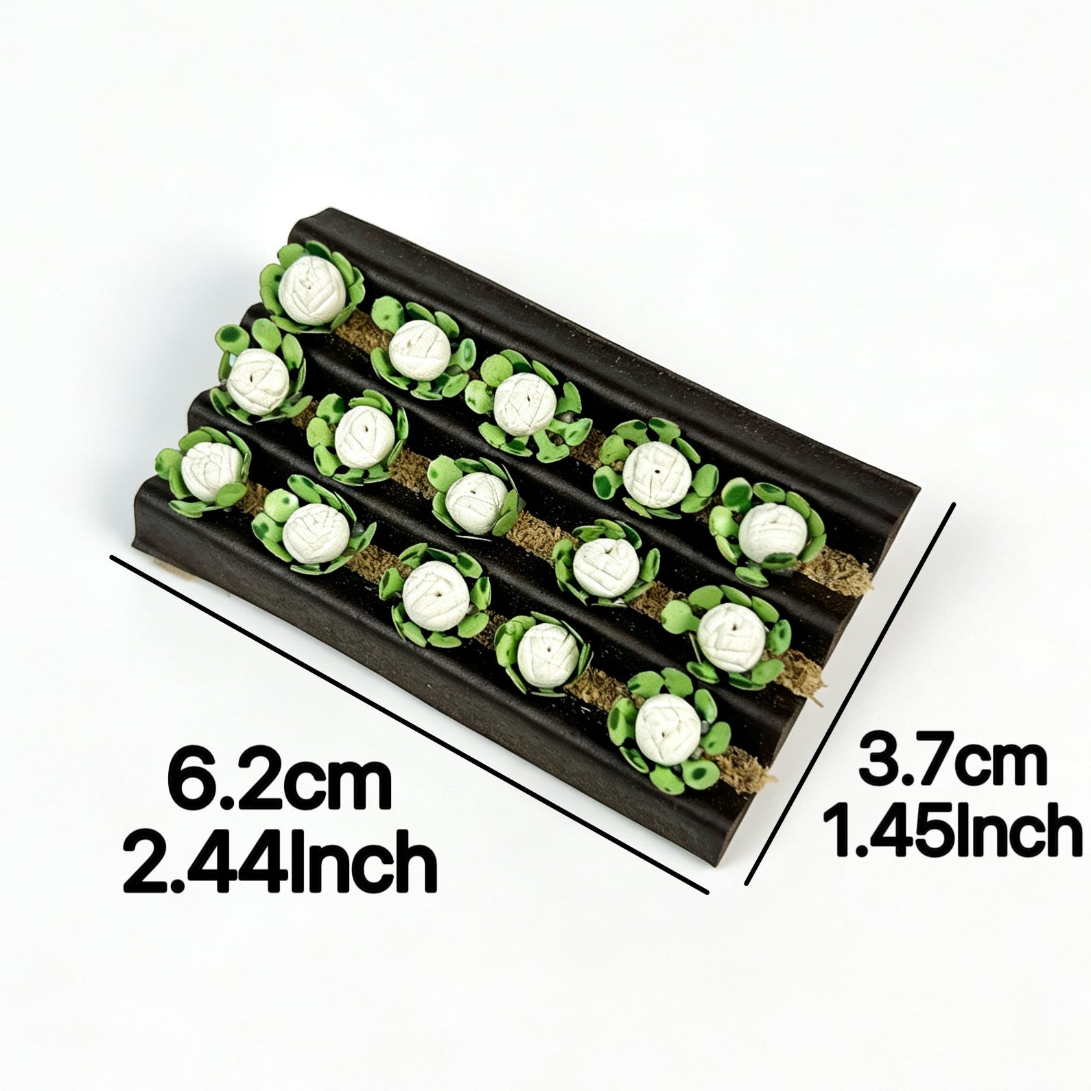 Handmade miniature cabbage crop tray with soil texture base for rural farm diorama and tabletop wargame scenery