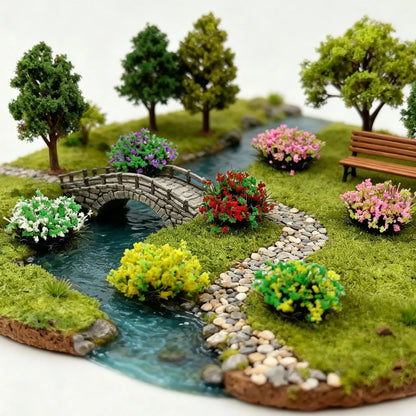 Multi-color self-adhesive miniature flower bush tufts, realistic flock shrub clusters laid on military trench wargame terrain with soldier miniatures, tank and bunker model scenery