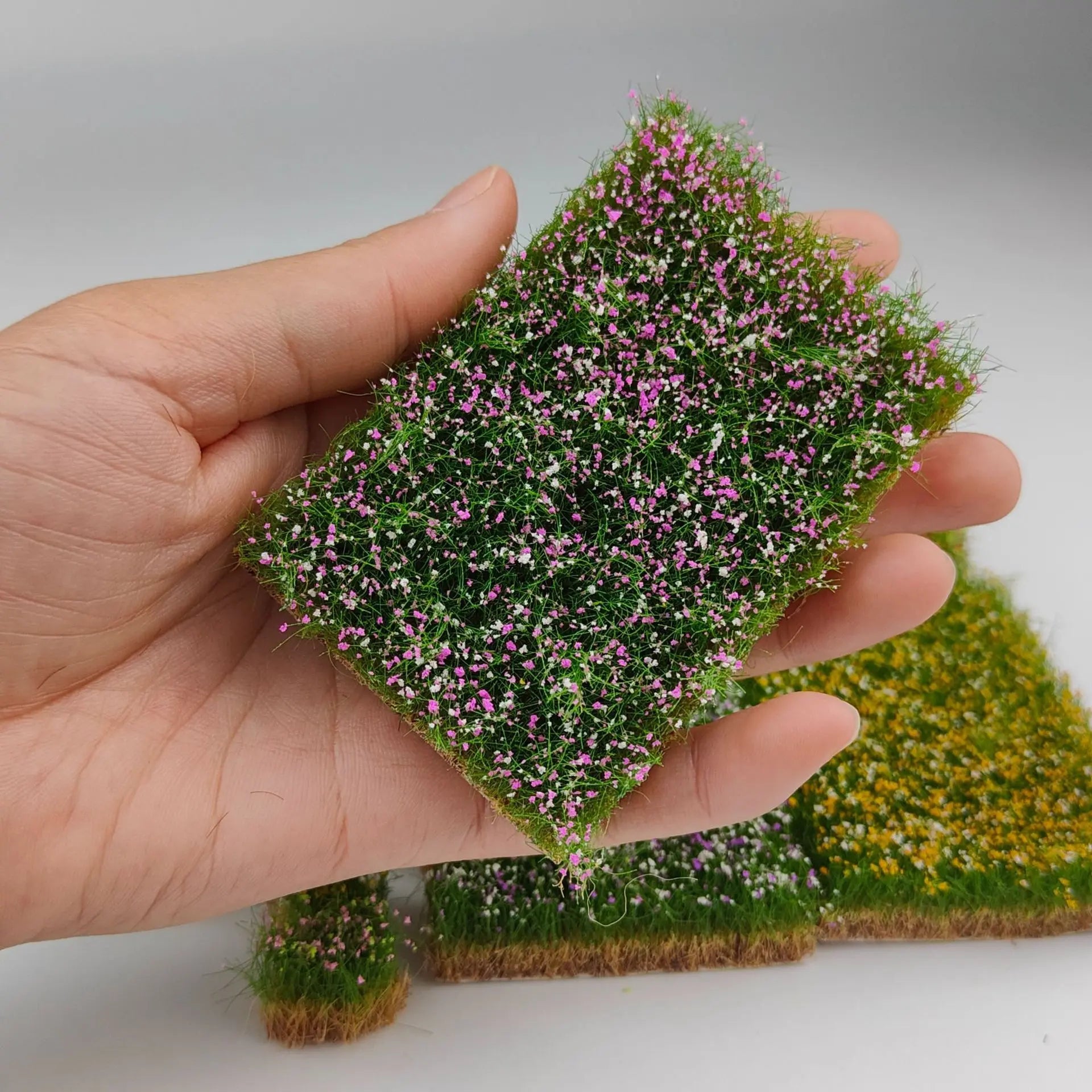 Yellow wildflower miniature grass mat, realistic scale model terrain kit for hobby diorama builders