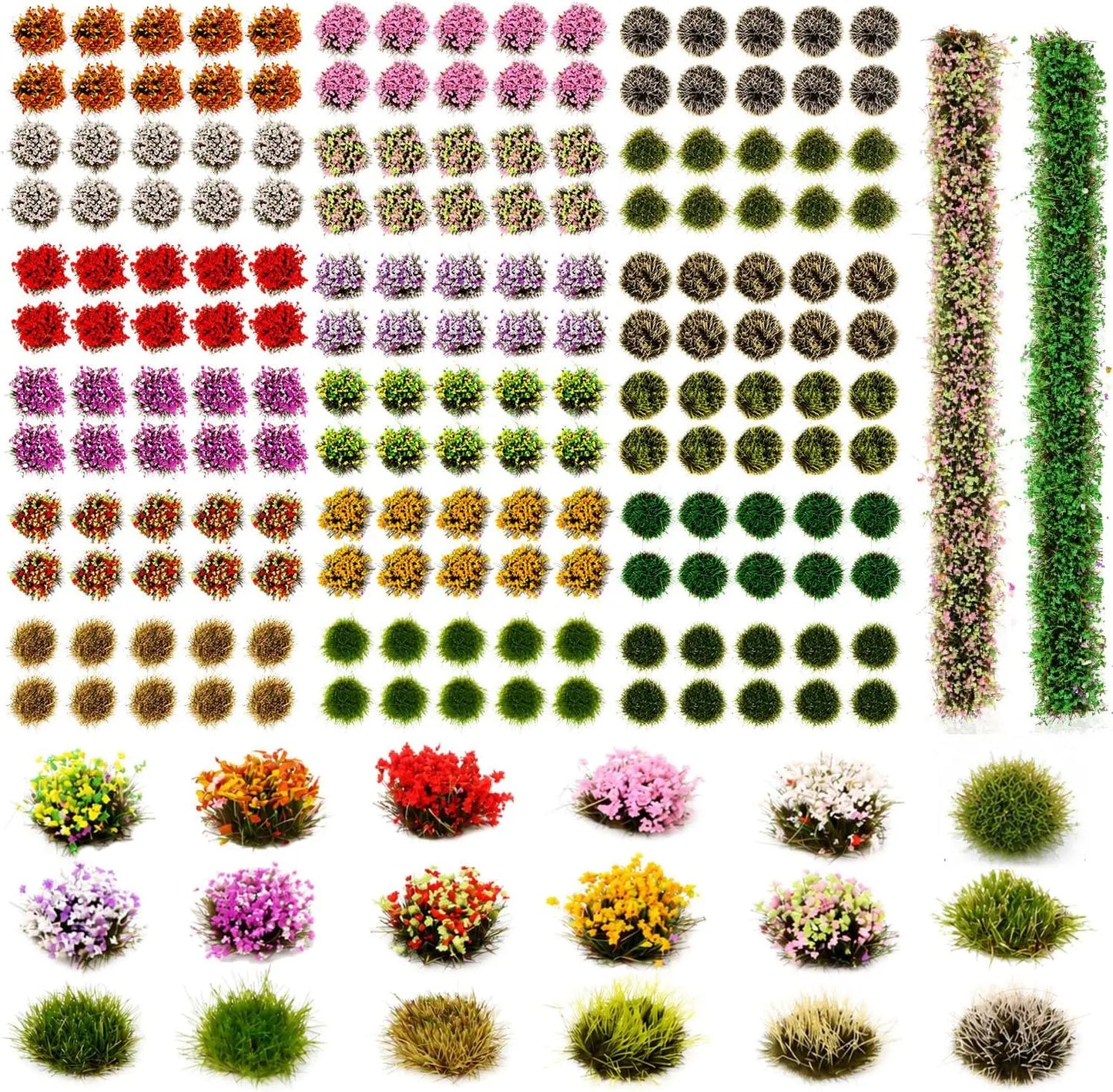 High speed train station N scale railway layout decorated with multicolor self-adhesive flower tufts and static grass clumps, realistic railroad diorama terrain scenery supplies