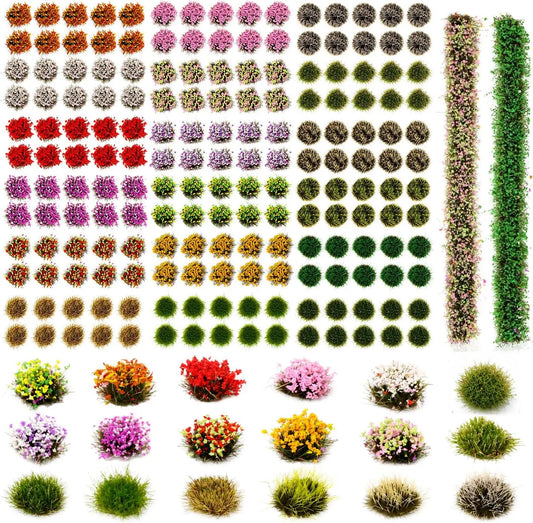 High speed train station N scale railway layout decorated with multicolor self-adhesive flower tufts and static grass clumps, realistic railroad diorama terrain scenery supplies