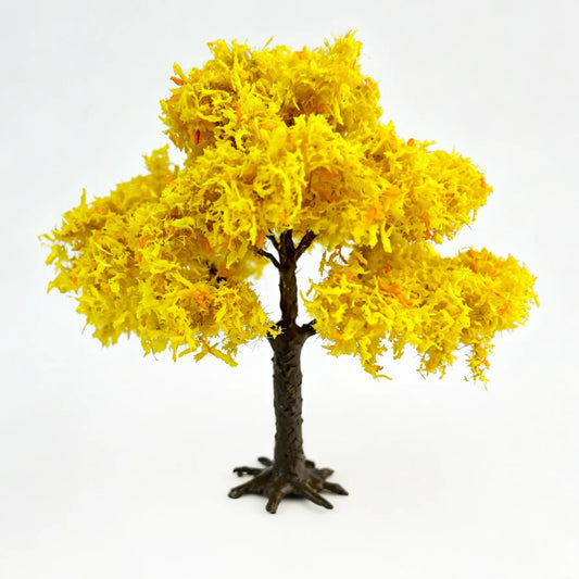 Handmade miniature yellow autumn tree model for diorama railroad layout wargame terrain, fluffy yellow orange foliage textured trunk with root base, white background product shot