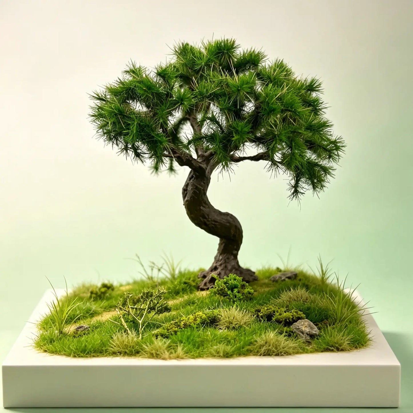 Metric ruler size reference of miniature bonsai pine scenery tree, display total height for scale model train layout building