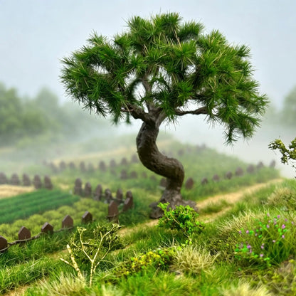 Macro close-up of sharp dense green pine needle clusters on scale bonsai tree, layered asymmetrical canopy for wargame and zen terrain decoration