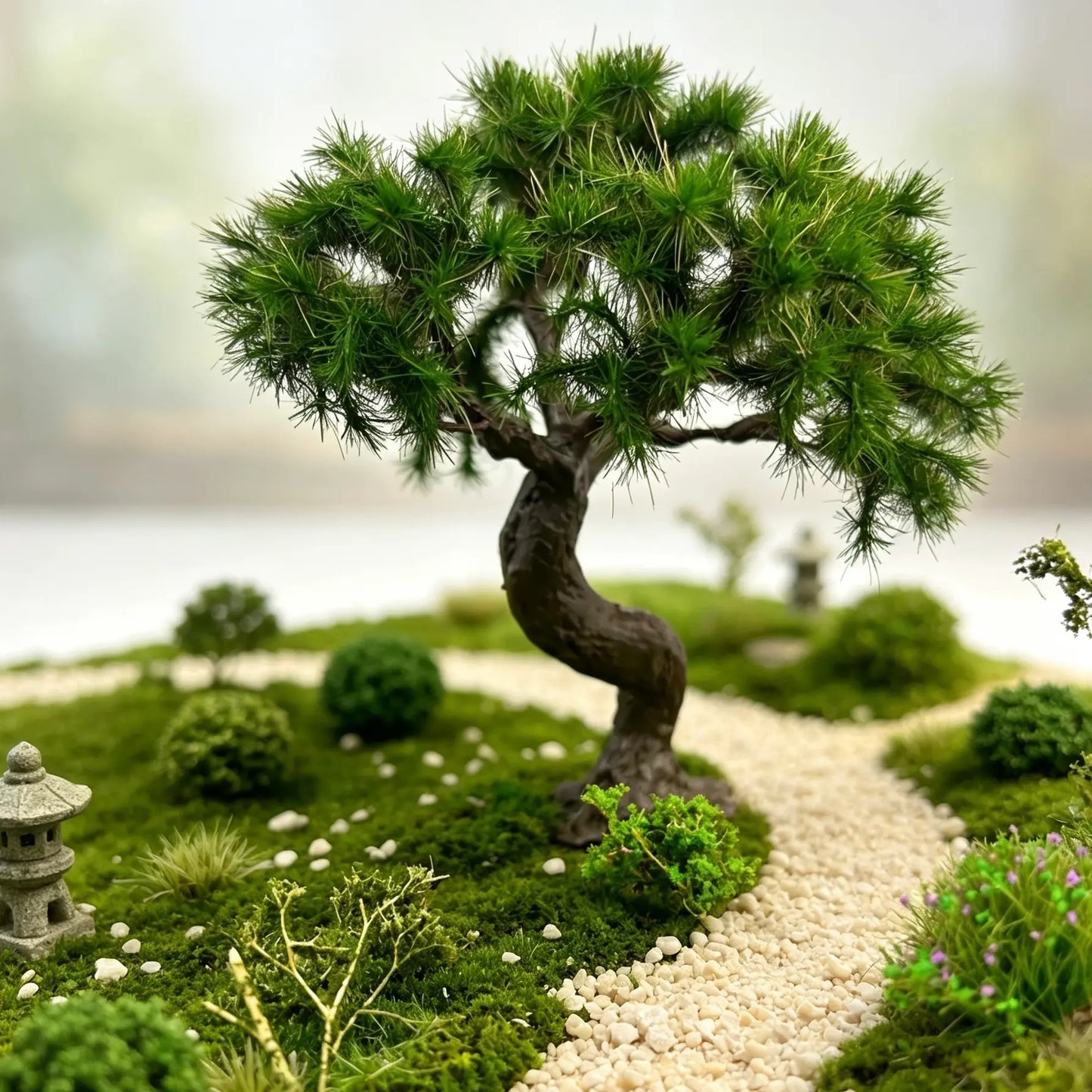 Miniature twisted bonsai pine arranged with wooden fence and country path to build misty oriental rural diorama landscape