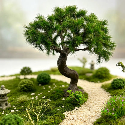 Miniature twisted bonsai pine arranged with wooden fence and country path to build misty oriental rural diorama landscape