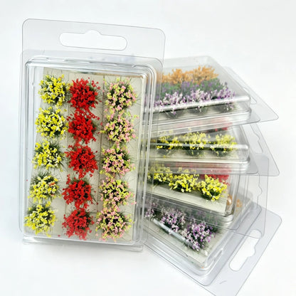 Size comparison of red yellow pink mini flower clusters with scale figure, marked package dimension 9cm*6cm, tweezers for operation display
