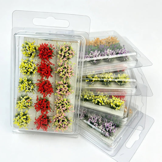 Size comparison of red yellow pink mini flower clusters with scale figure, marked package dimension 9cm*6cm, tweezers for operation display
