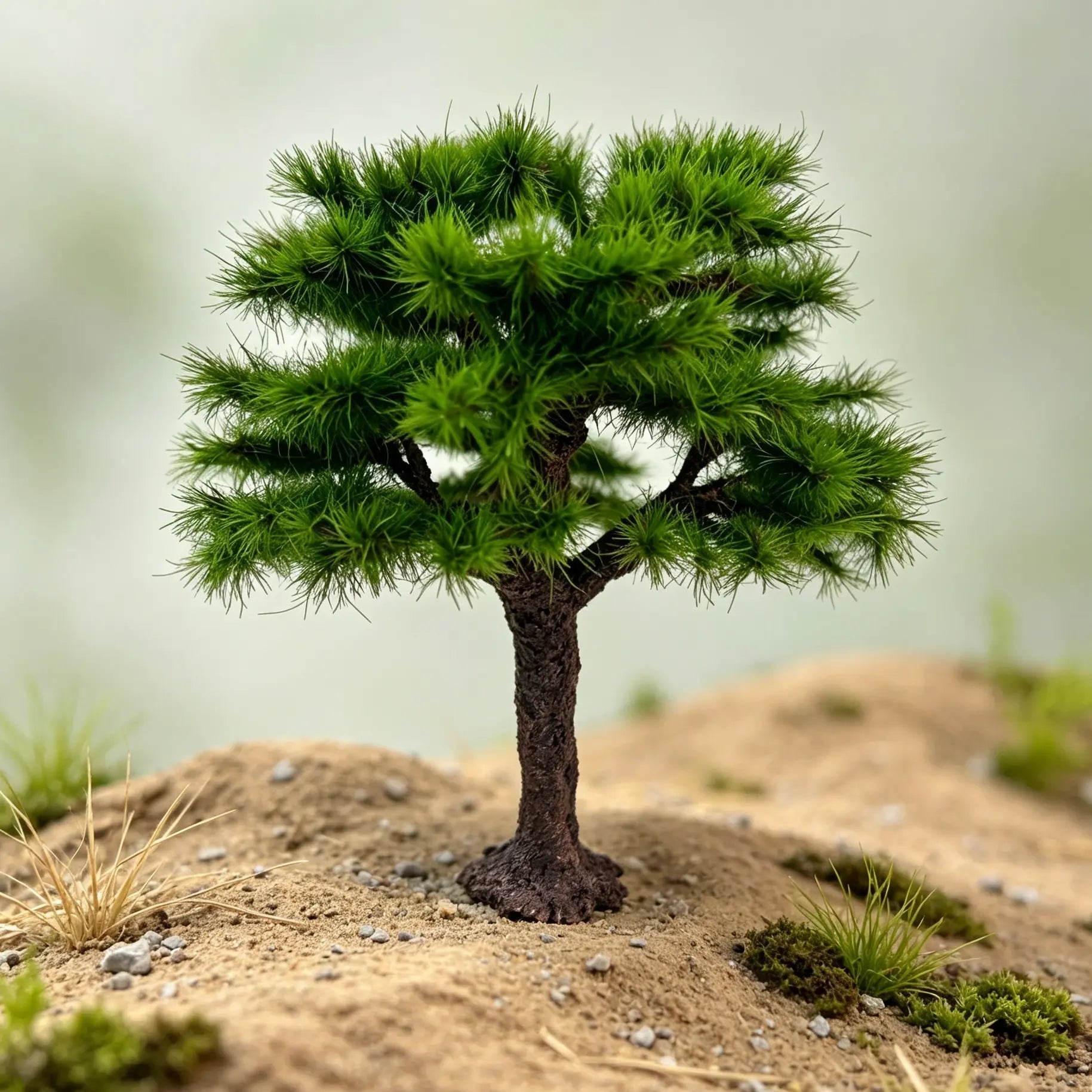 Size reference photo of miniature pine scenery tree with metric ruler, showing total height for scale model railroad terrain