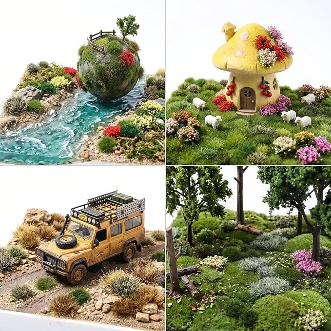 Non-toxic durable lifelike miniature static grass tuft vegetation kit, tweezers picking small flower cluster, mini hiking farmer figure display, easy to use DIY diorama railway wargame terrain making material