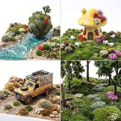Non-toxic durable lifelike miniature static grass tuft vegetation kit, tweezers picking small flower cluster, mini hiking farmer figure display, easy to use DIY diorama railway wargame terrain making material