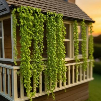 Bright green artificial moss clump in hand, realistic miniature vegetation for dollhouse garden, diorama terrain, and model railroad landscaping.
