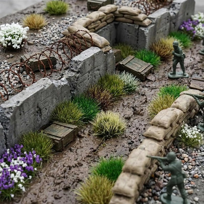 Mixed natural shades static grass tufts and small flower clusters pack, self-adhesive mini terrain flocks for warhammer tabletop and architectural models