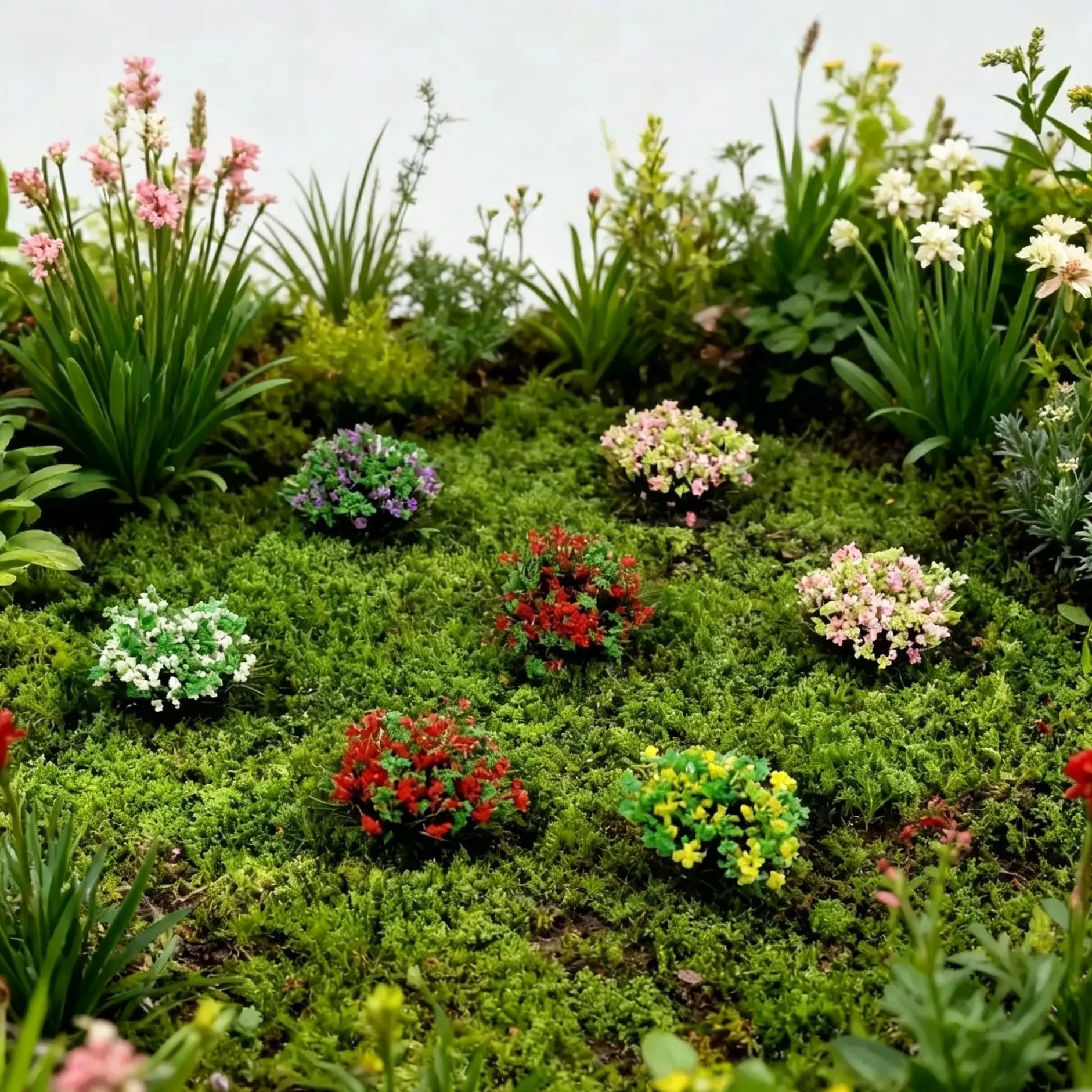 Vibrant assorted self-adhesive mini flower tuft shrubs, realistic flock foliage clusters for mossy wild natural landscape diorama, miniature plant scene decoration