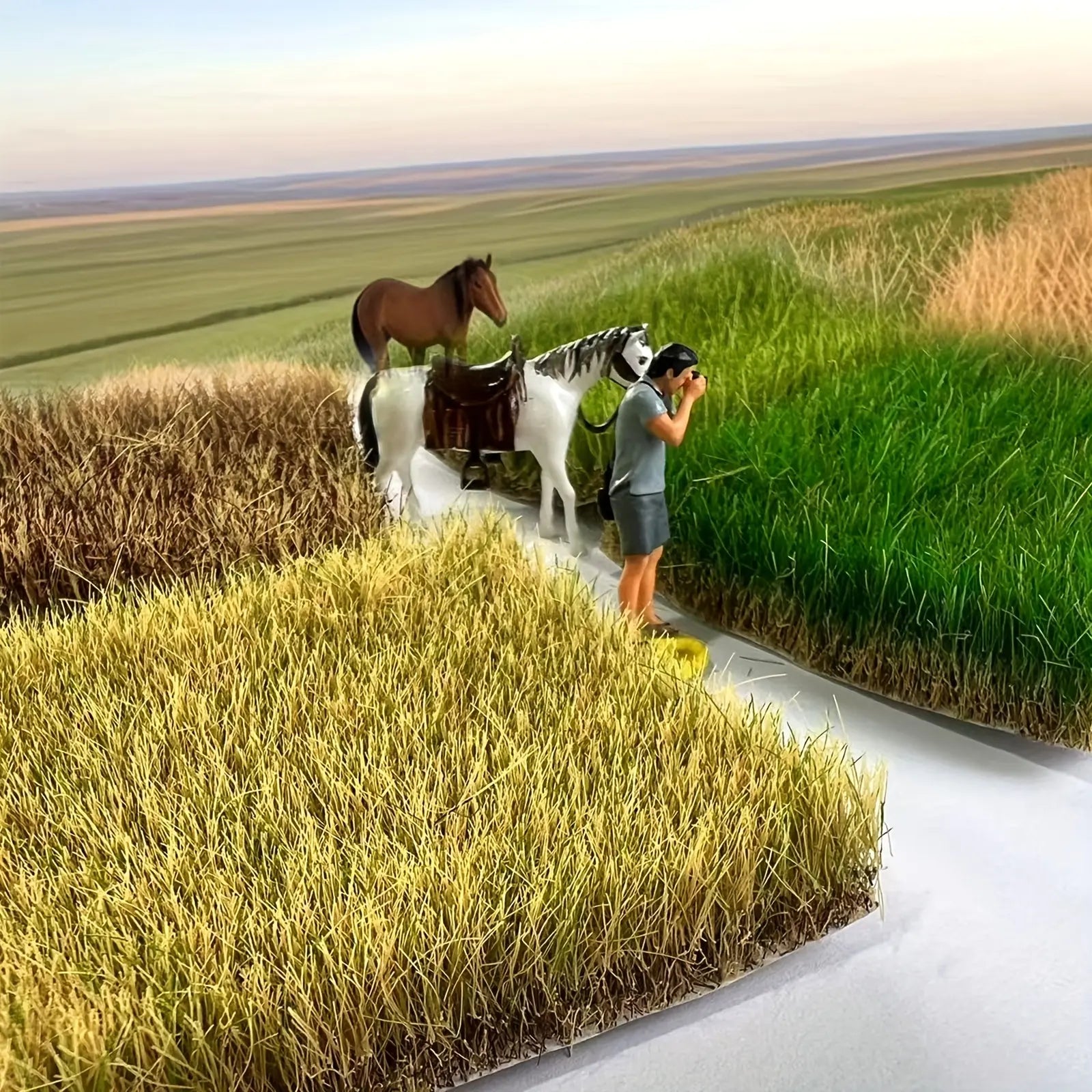 Mixed green and golden yellow static grass mat set for farmland plain diorama, lifelike crop & lawn terrain sheet for scale model, horse figure railway layout and wilderness craft