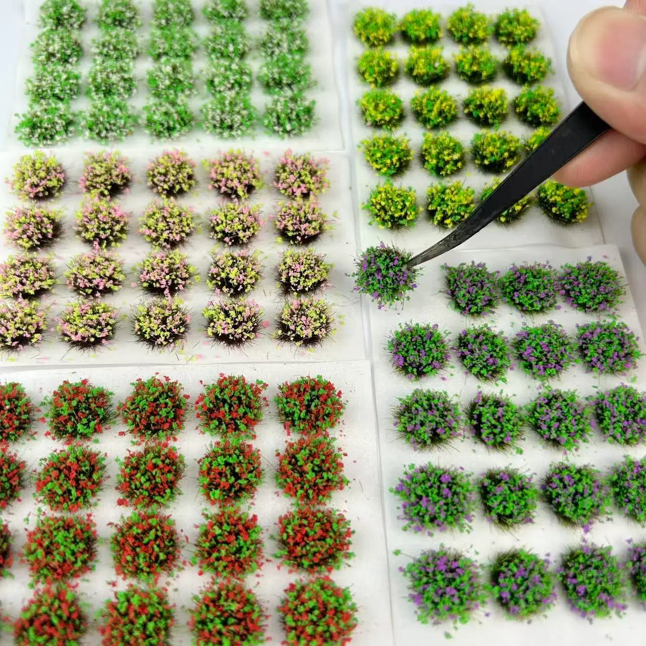 Assorted multi-color self-adhesive round static grass tuft sheet with colorful tiny flower clusters, pink, purple, red, white and yellow floral mini foliage clumps for fantasy, garden and rural wargame base, diorama landscape and HO/N scale model railroad scenery craft