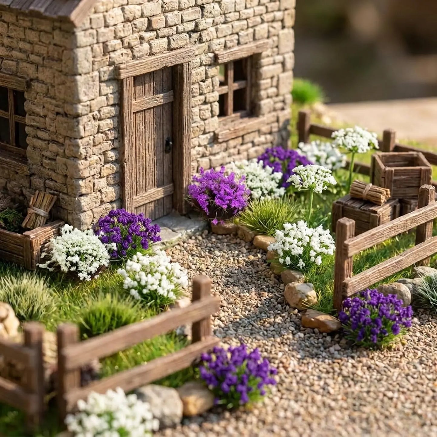 Realistic miniature countryside cottage diorama decorated with purple white flower tufts and multi-shade static grass clusters, dollhouse garden landscape decoration