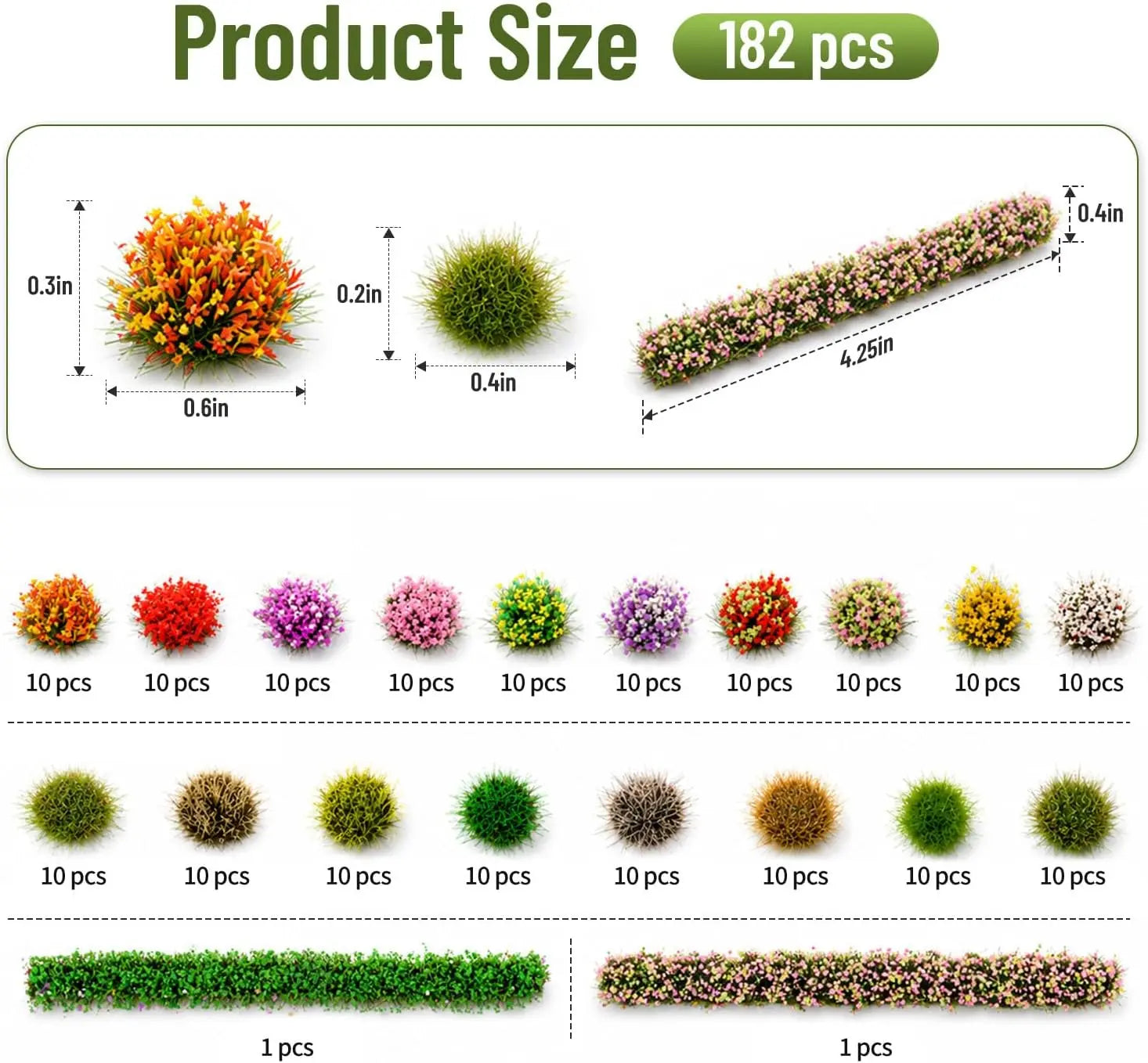 Product size specification of 182pcs static grass flower tuft kit, dimension of flower clusters, grass tufts and long hedge strips with quantity breakdown for hobby model makers