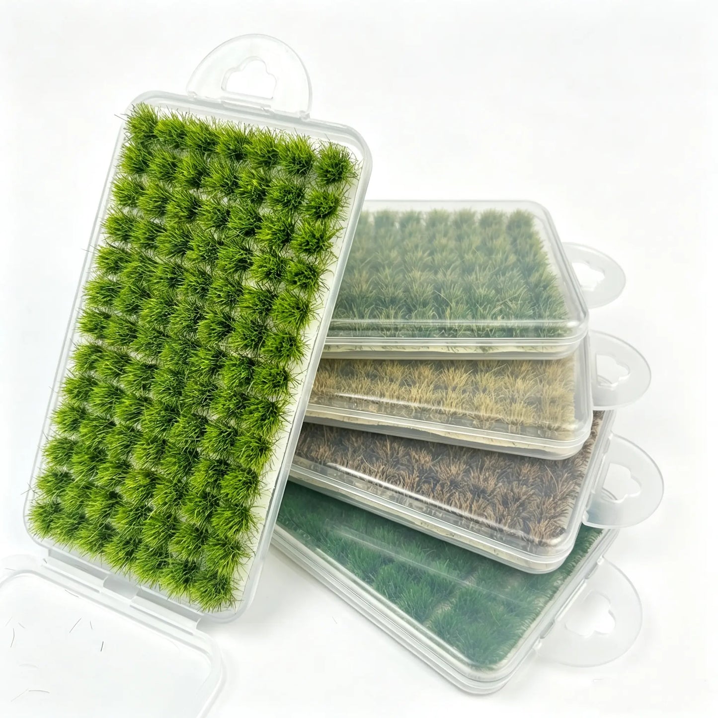 Complete set of 5 seasonal color self-adhesive tuft static grass sheets with transparent storage boxes, all-in-one miniature scenery terrain supply kit for hobby modelers and wargame enthusiasts