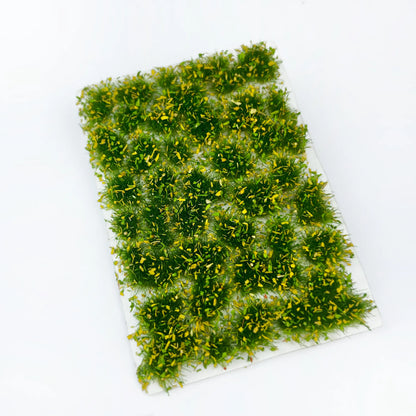 Pre-made pale yellow green gradient spring meadow static grass tufts sheet with scattered yellow grass flecks, realistic static grass mat miniature lawn terrain for scale model building, wargame tabletop base, railway layout scenery and diorama craft hobby supplies
