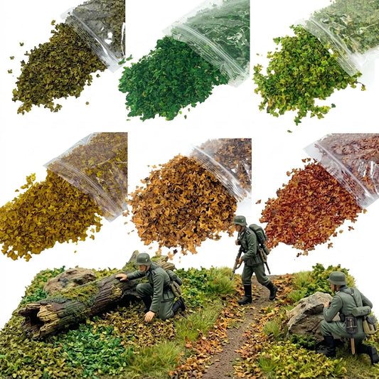 Dark green miniature autumn leaf flocking, realistic tiny leaf terrain supplies for mini village diorama layout