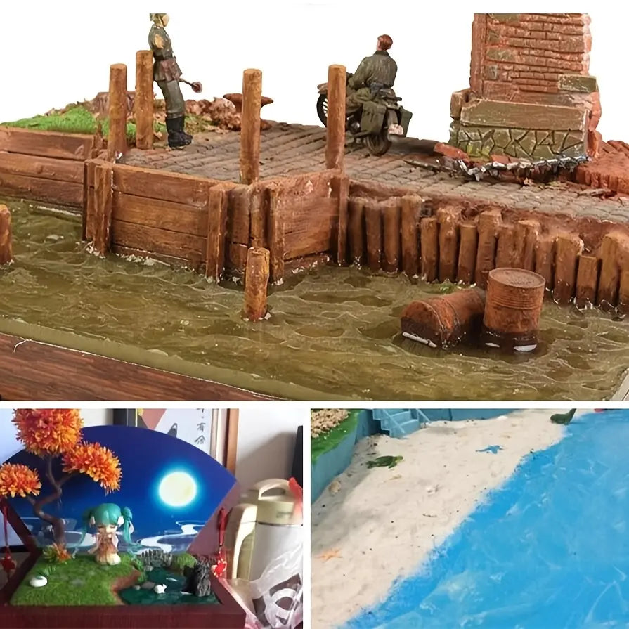 Collage of multiple finished water diorama scenes including military dock, ancient town stream and tropical beach, all realistic water surfaces produced with sculptable water effect texture paste for scale model terrain craft