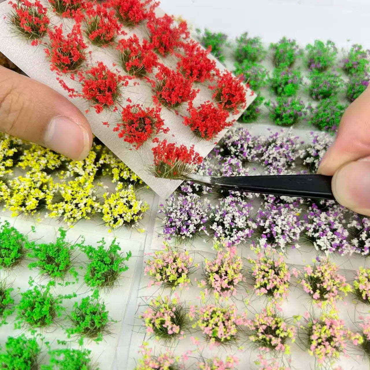 15 refined floral grass tufts, hobby building terrain materials, smooth edges, bright even exposure