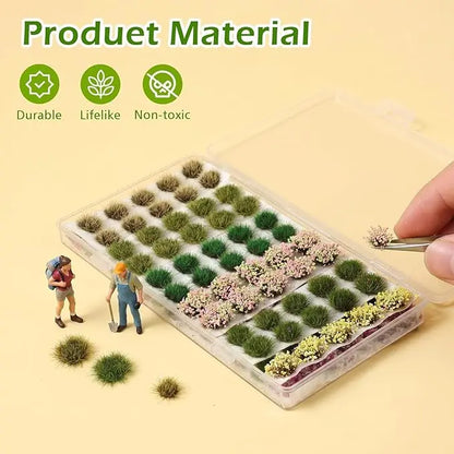 110 pieces mixed static grass tufts & colorful flower clusters, 5mm height miniature plant vegetation kit with 15mm single tuft size, clear size comparison chart for scale model railway layout, wargame base, fairy garden diorama craft scenery supplies