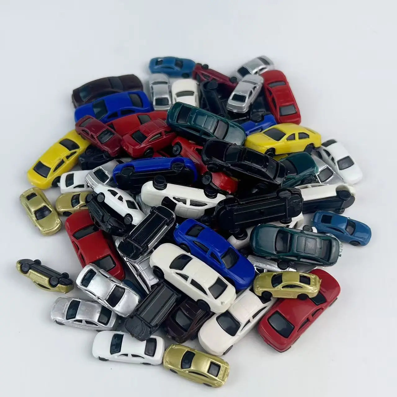 Large bulk mixed scale miniature model cars, multi color sedan assortment for mass diorama layout construction