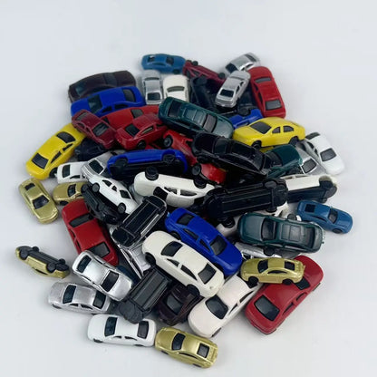 Large bulk mixed scale miniature model cars, multi color sedan assortment for mass diorama layout construction